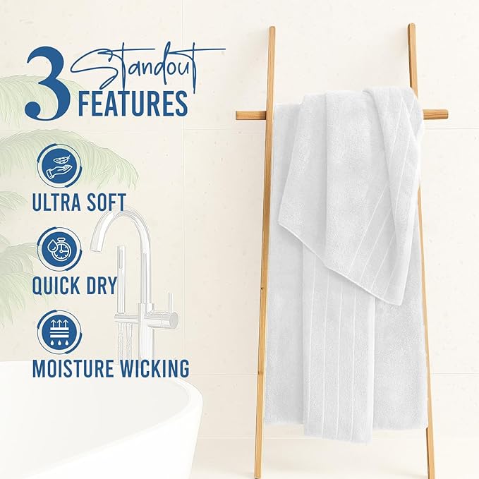 DAN River Extra Large Bath Towels Set of 4, 30 x 60 Inches - 100% Cotton Larger & Lighter Weight Towels for Bathroom - Quicker to Dry, Super Soft & Highly Absorbent Towels for Home, White
