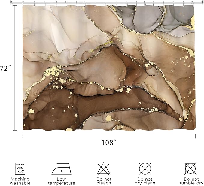 Extra Wide Marble Shower Curtain 108 x 72, Brown Abstract Shower Curtains for Claw Foot Tub, Modern Luxury 108 inch Long Shower Curtain Set with 18 Pack Plastic C-Hooks