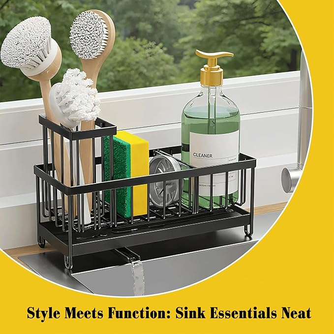 5 in 1 Kitchen Sink Caddy Organizer, Rustproof Stainless Steel Sink Caddy with Washing Cloth & Adhesive Hooks, Kitchen Sink Organizer with High Brush Holder, Sponge and Soap Holder for Kitchen Sink