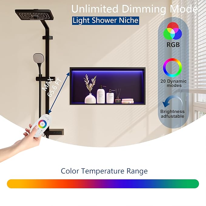 RGB LED Light Shower Niche, Matte Black 24X12 in Stainless Steel Recessed Storage with Remote Control, Waterproof No Tile Needed Wall Niche for Bathroom Storage Built-in Installation