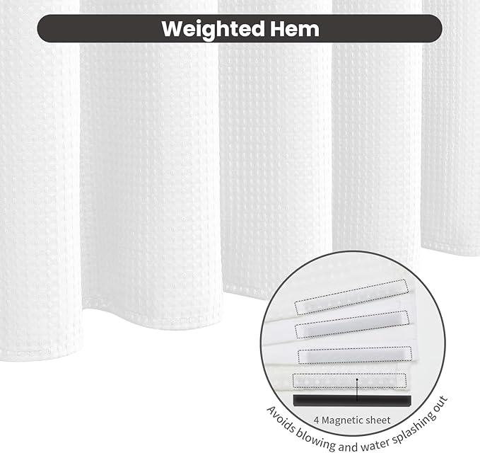 Inhousolu No Hook Waffle Weave Shower Curtain with Removable Snap in Fabric Liner Set for Bathroom, 230 GSM Heavy Duty Weighted Hem, Water Repellent Washable Bath Curtains, 72 x 84 Inch, White