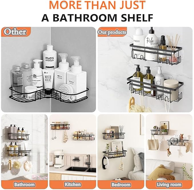 Shower Caddy, 2-Pack No Drilling Rustproof Organizer with Save Space Hooks, Apartment Essentials for Bathroom, No Drilling Shelves for Kitchen & Living Room