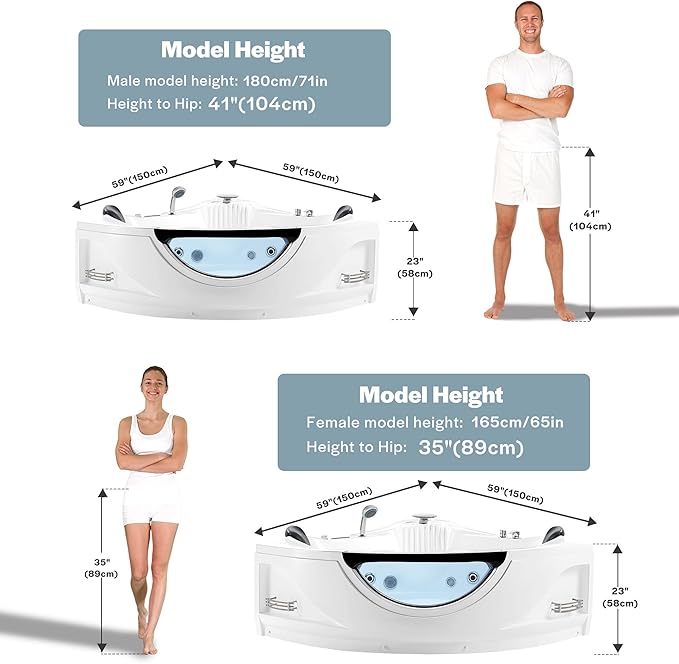 Empava Corner Whirlpool Bathtub with Heater,2 Person 59" Jetted Tub with Light,Spa Hydromassage with Chromatherapy,Acrylic,White, ETL Certified