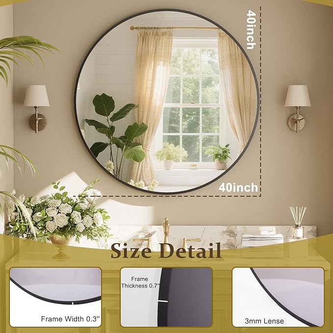 42 Inch Round Black Metal Wall Mirror - Stylish Circle Mirror for Entryway, Bathroom, and Living Room Decor | Matte Black Circle Wall Mirror