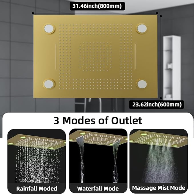 24x32 LED Dual Head Shower System 24"x32" Ceiling Mount Shower Head Thermostatic Shower System Rainfall Shower Set with 6 Inches Shower Head and 6 Body Jets High Pressure Shower Handheld