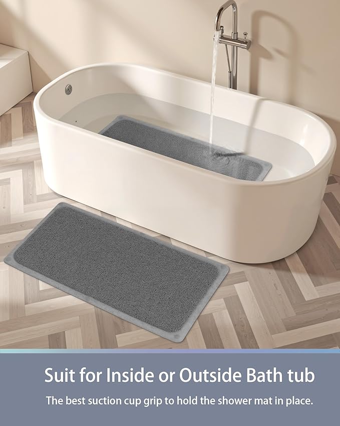 Mecko Non-Slip Shower Mat, Anti-Slip Bath Mat with Suction Cups – Quick-Drying Loofah Texture for Tub with for Indoor and Outdoor Use, Bathtubs and Wet Areas (Grey, 17"x30")