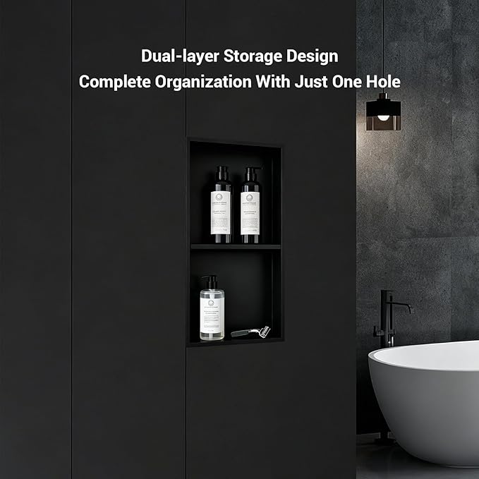 Shower Niche 12x24, Matte Black, No Tile Needed 304 Stainless Steel Recessed Wall Niche Insert with Double Shelves, Built-in Sloped Base Drainage, in-Wall Shower Storage for Bathroom Remodel