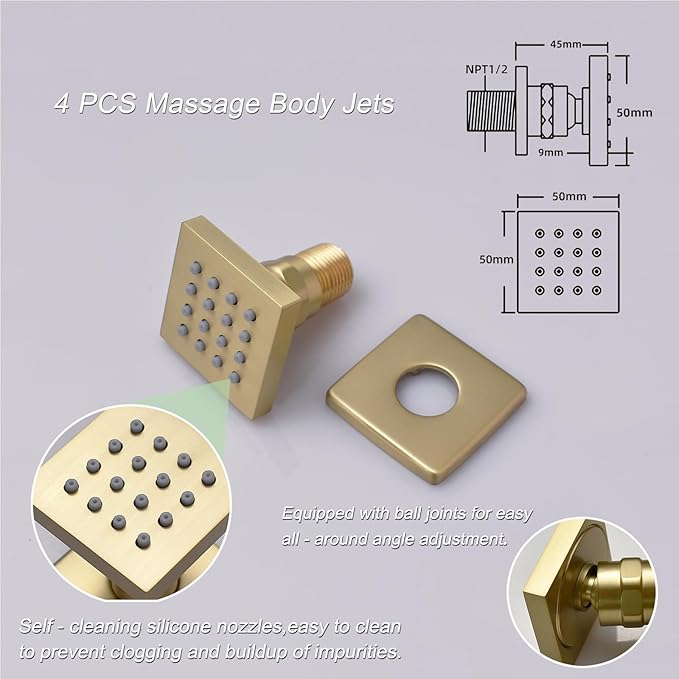 Brushed Gold Shower System with 12 inch Ceiling Mounted Shower Head and Handheld Shower, 4 PCS Body Jet, with Digital Temperature Display Function