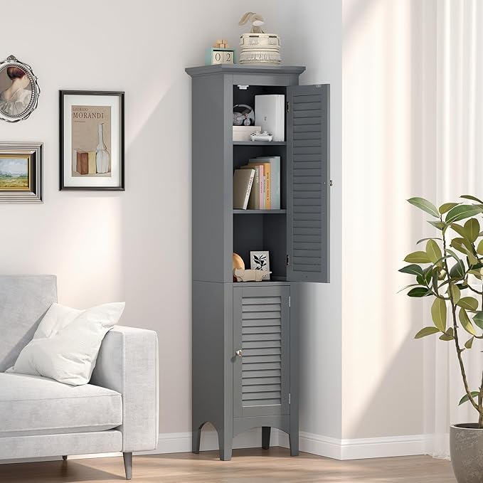 Tangkula 63" Tall Bathroom Storage Cabinet, Freestanding Narrow Linen Tower with Adjustable Shelf, Modern Slim Floor Cabinet with 2 Doors for Bathroom, Living Room, Kitchen (Grey)