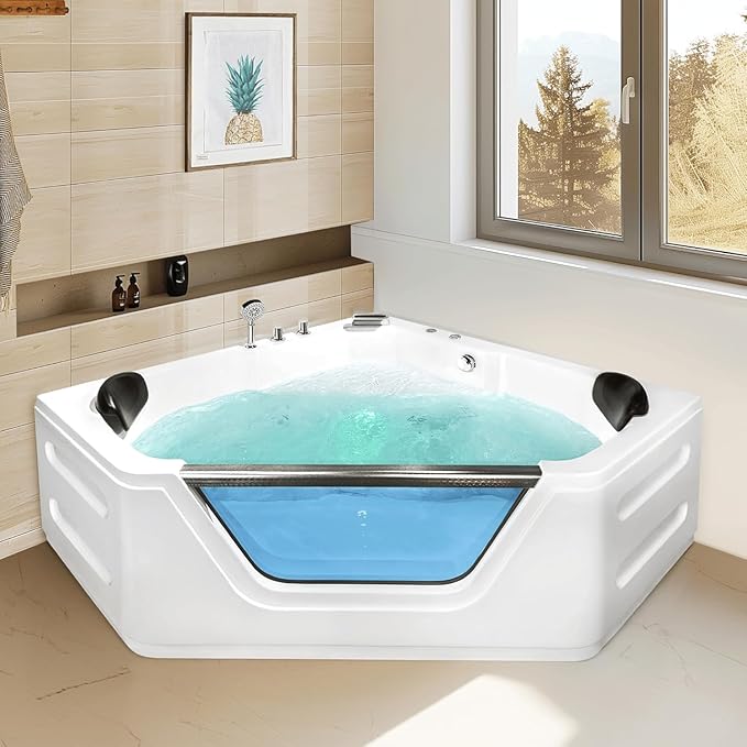 Corner Tub 2 Person Acrylic Whirlpool Bathtub,59" Corner Jetted Bathtub with Light,Spa Bath tub with 6 Jets,Hydro Massage Tub with Chromatherapy,White