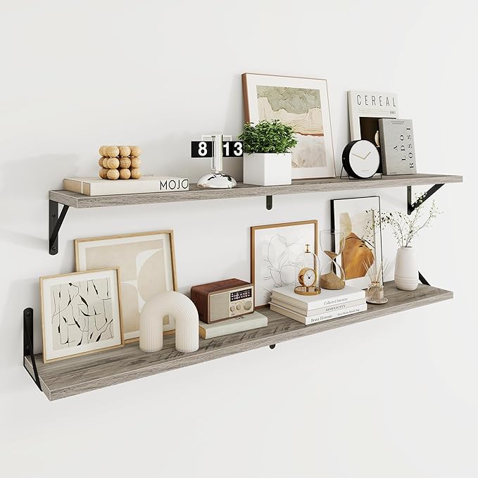 Dreamland Deep Floating Shelves for Wall, 48W x 8D Wall Mounted Shelves Set of 2, Wide Display Ledge Shelf with Sturdy Metal Brackets for Living Room, Bathroom, Bedroom and Kitchen, Grey