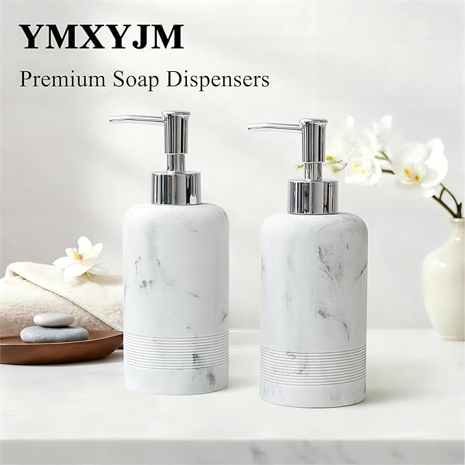 2pcs/Set Hand Soap Dispenser Sets - 10.8oz Refillable Resin Liquid Soap Dispensers with Rust-Proof Pump for Bathroom Countertop or Kitchen, Marble White