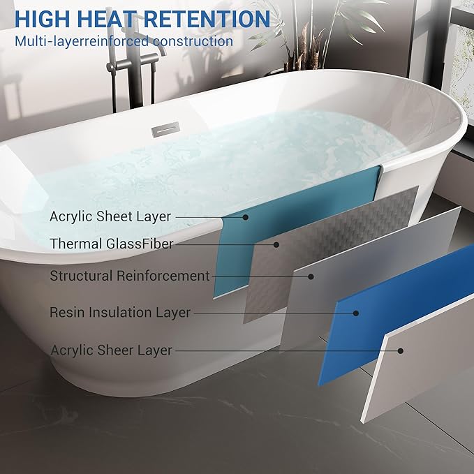 Freestanding Bathtub 67 Inch Acrylic Soaking Tub – Gray Exterior White Interior Oval Free Standing Tub with Chrome Drain & Overflow for Modern Bathrooms