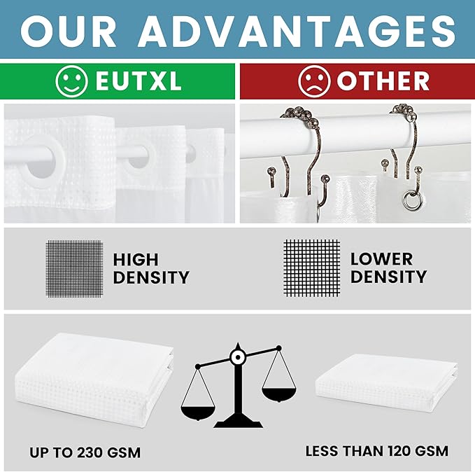 Long No Hook Shower Curtain with Snap in Liner,230GSM Waffle Weave Shower Curtains for Bathroom,71W x 77H(75"),White