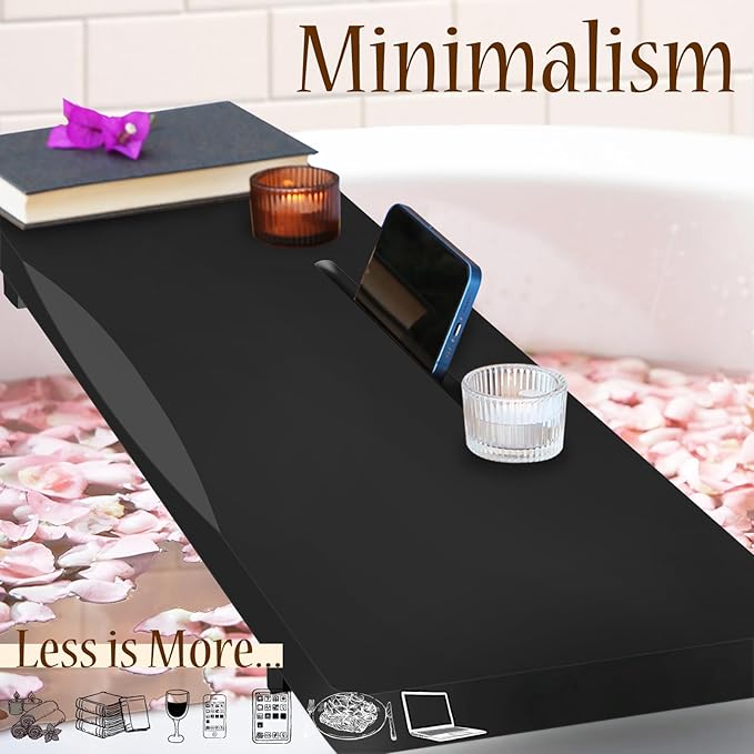 Stylish Black Bamboo Bathtub Tray Caddy with Adjustable Legs, Minimalistic Design Bath Tray for Tub, Bathtub Accessories, Fits Most Standard Bath Tubs, Idea for Women