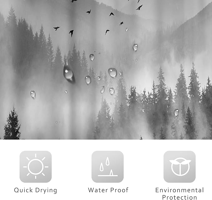Riyidecor Black and White Shower Curtain 36Wx72H Inch Mountain Rustic Pine Tree Stall Half Small Rv Single Stand Up Camper Narrow Scenery View Bathroom Decor Fabric Polyester Waterproof 7 Pack Hooks