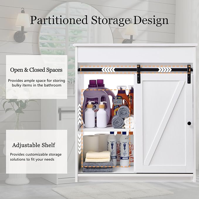 30" Farmhouse Bathroom Vanity with Sink, Freestanding Bathroom Storage Vanity Cabinet w/Sliding Barn Door, 3 Drawers & Adjustable Shelves, Metal Handle, White