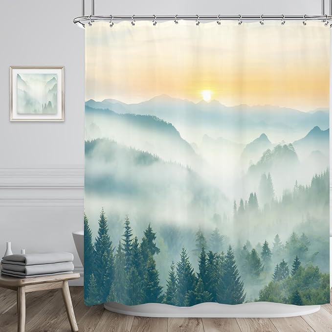 Riyidecor Misty Mountain Shower Curtain 60Wx72H Inch Green Spring Scenery Sunrise Foggy Smokey Tree Nature Pine Scenic Woodland Greenery Bathroom Decor Fabric Polyester Waterproof 12 Pack Hooks