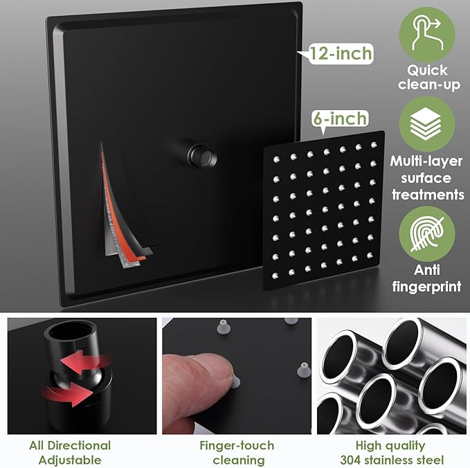 ENGA Dual Shower Head System with Tub Spout, Ceiling Mount 12 Inch Shower Head with 6 Inch Wall Mount Shower Head Shower Faucet Set, Matte Black