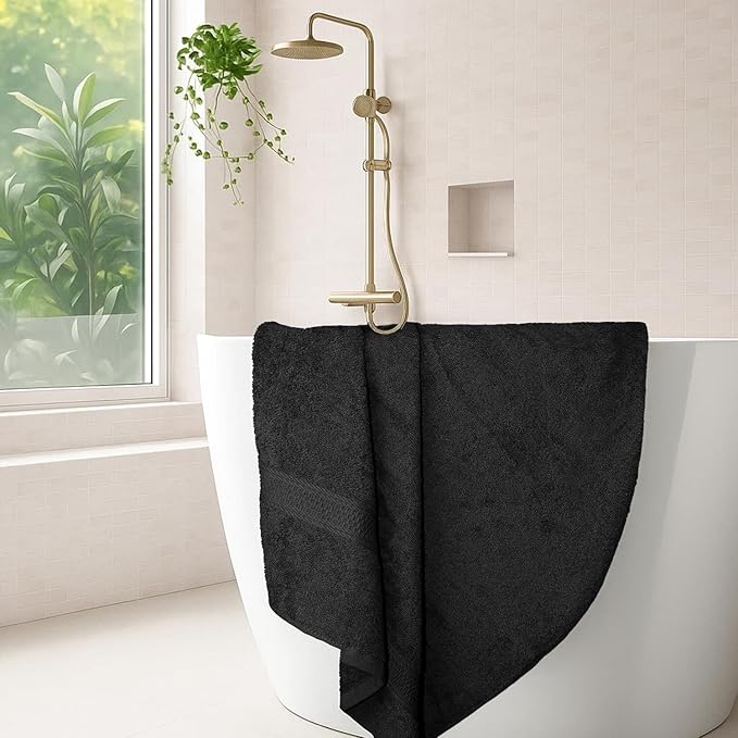RIVERSIDE 100% Ring Spun Cotton Large Bath Towels Set of 4, 27 x 54 Inches – Quick Dry, Soft & Highly Absorbent Towels for Shower & Bathroom – Luxury 600 GSM Towels for Home, Spa, Gym, Hotel, Black