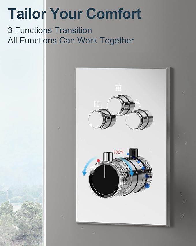 Thermostatic Shower System, Dual Rainfall Shower Heads for Ceilling & Wall Mounted with Handheld Sprayer, Chrome