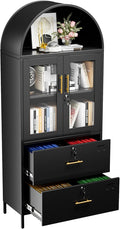 73''H Metal Arch File Cabinet, Black Arched Bookcase with Locking Glass Doors and Drawers,Filing Cabinet for Home Office,Assemble Required,Black