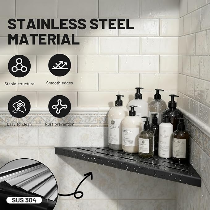 Corner Shower Shelves 10" Matte Black, 2 Pack 304 Stainless Steel Shower Corner Shelf Recessed Slot Design, Wall Mount Triangle Shower Caddy for Bathroom, Kitchen Organization