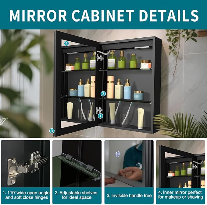 Lighted Medicine Cabinet with Mirror, 20 x 28 inch LED Bathroom Cabinet with Anti-Fog, Dimmable 3 Colors Front & Bottom Light, Buit-in Sockets & USBs, 2 Shelves, Plug-in or Hardwired
