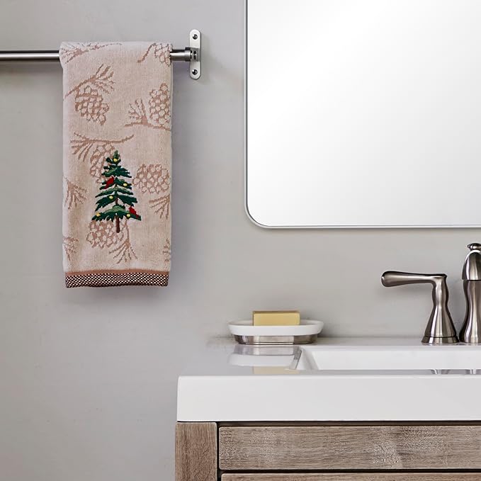 SKL Home Christmas/Winter Seasonal Fir 100% Cotton Embroidered 2pc Hand Towel Set, Decorative Jacquard for Bath/Kitchen/Bar, Wheat
