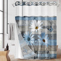 No Hook Blue Daisy and Butterfly Shower Curtain with Snap in Fabric Liner Set, Rustic Farmhouse Double Layers Waterproof Fabric with See Through Top Window Open Grommet Bath Curtain 71x86 Inch