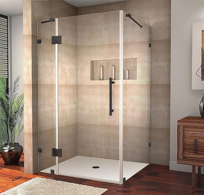 Avalux 48 in. W x 34 in. D x 72 in. H Rectangular Pivot Frameless Corner Shower Enclosure in Matte Black with Clear Glass