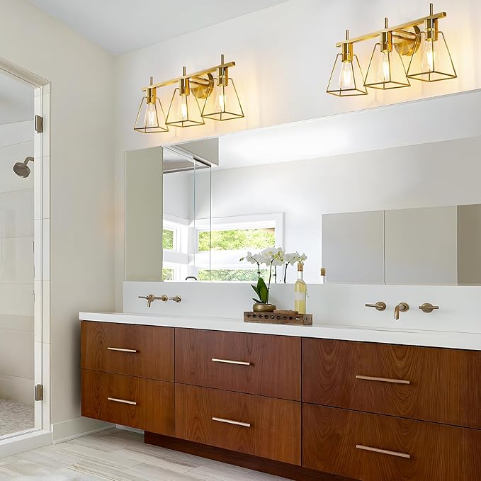 Industrial Bathroom Vanity Lights: 3 Lights Brushed Gold Vintage Metal Cage Wall Lamps - Rustic Farmhouse Lightning Fixture Over Mirrors Cabinet for Dressing Hallway