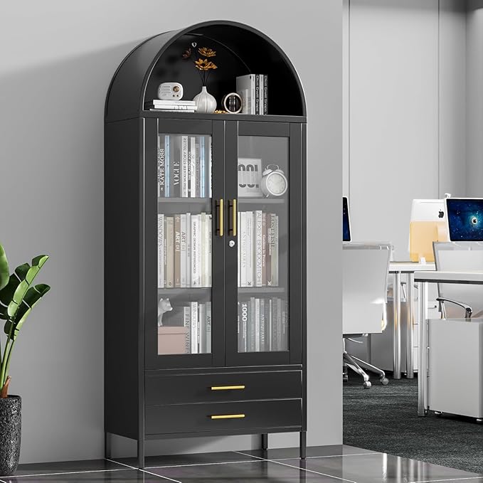 73''H Metal Arch Kitchen Pantry Cabinets, Arched Display Cabinet with Glass Doors&Drawers for Home Living Room, Assemble Required, Black