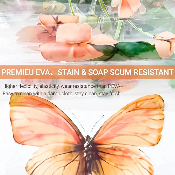Clear Colorful Floral Butterfly Shower Curtain Liner, Plastic Pretty Pink and Orange Flower Green Eucalyptus Leaf Shower Curtains for Bathroom, 72x78 Weighted Magnetic Shower Curtain Set with 12 hooks