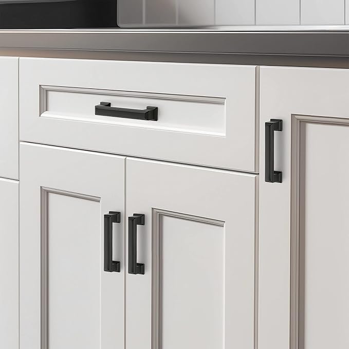 Ravinte Hardware 10 Pack Matte Black Cabinet Pulls, 3 Inch (76mm) Hole Center Zinc Alloy Drawer Handles for Kitchen Cabinets, Cupboards, Dressers, Square Solid Metal Hardware