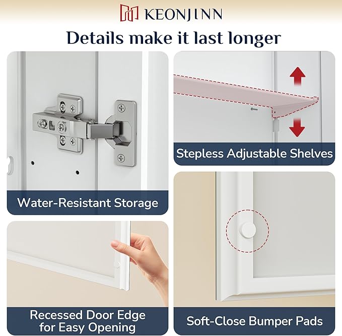 Keonjinn 40 x 32 Inch Large Medicine Cabinet Mirror, Assembly Required, White Bathroom Medicine Cabinets, Aluminum Framework, Adjustable Shelves, Tempered Glass, Soft Closing, Recessed or Wall Mount