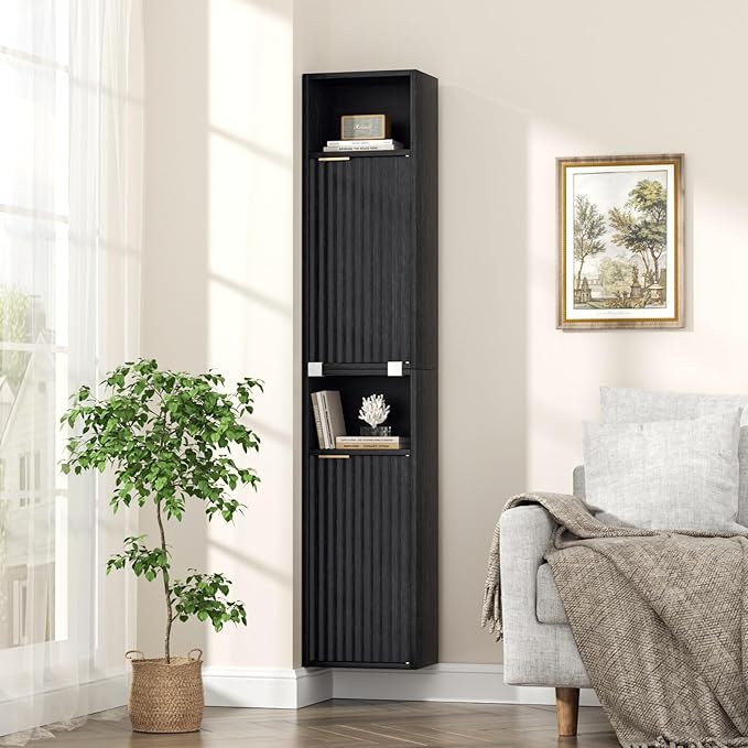59.1" Tall Slim Bathroom Storage Cabinet Black | Freestanding or Wall Mounted Modular Cabinet, Fluted Panel Linen Tower with Adjustable Shelves for Small Spaces
