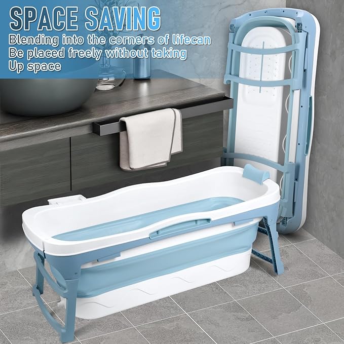 56" Portable Bathtub for Adult, No Installation, Foldable Tub for Shower, Folding Collapsible Bathtub Soaking Tub for Bathroom, Ergonomically Designed for The Ultimate Relaxing Soaking Bath Blue