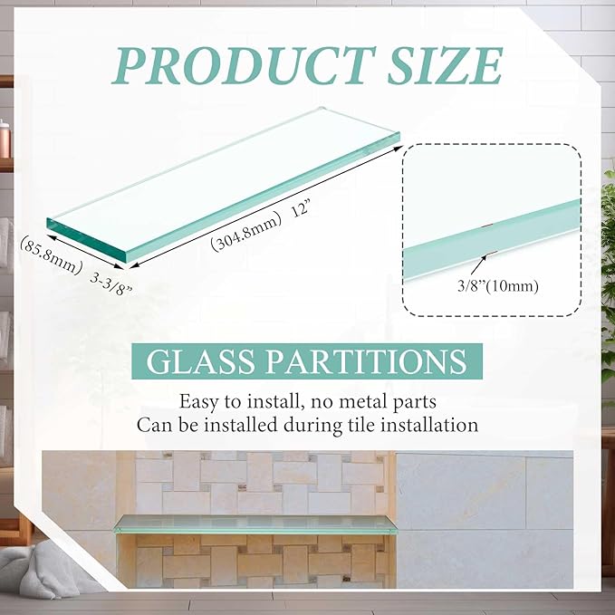 2 Pcs 13-5/8" X 4-1/4" X 3/8'' Thick Tempered Glass Shelf Clear Flat Polished, Flush-Mounted Floating Shelf for Bathroom Essentials & Shower Niche No Mounting Hardware Required