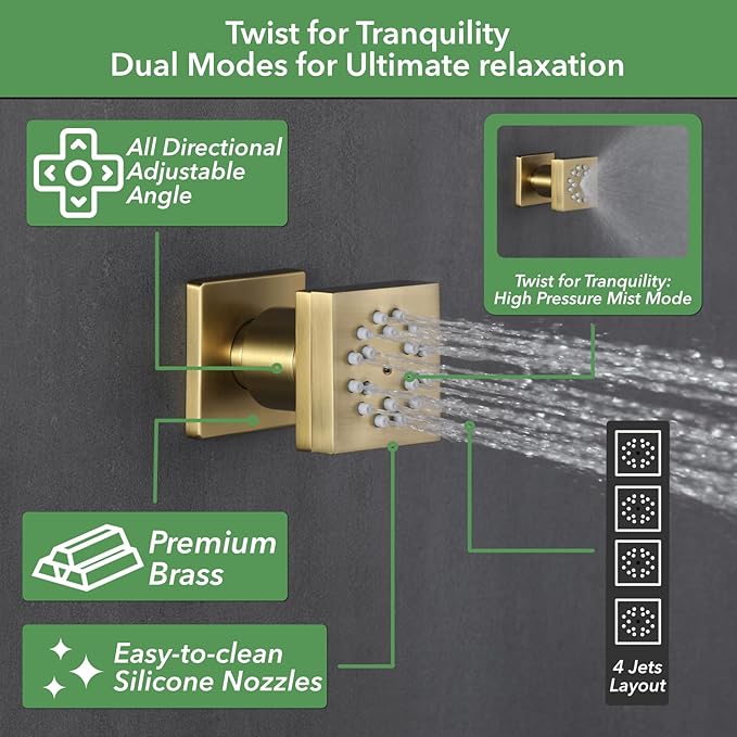 VANFOXLE Shower Faucet Set Brushed Gold Shower System,Shower Faucet with 2 in 1 Handheld,Ceiling Mount 16 Inch LED Shower Head+6 Inch Shower Head(Rough-in Valve Body and Trim)