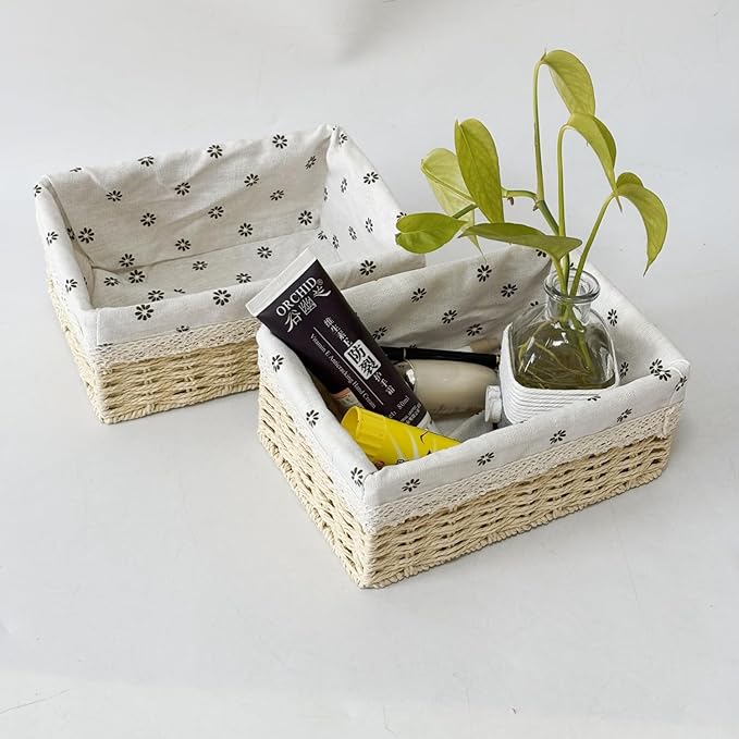 4-Pack Handmade Beige Woven Paper Rope Storage Baskets with Inner Handles & Removable Liners, Rectangular Organizers for Drawers, Shelves & Closets, Decorative Small Storage Bins