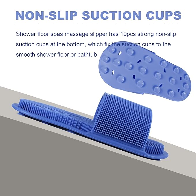 Shower Foot Scrubber with Non-Slip Suction Cups, Silicone Bristle Shower Foot Cleaning Brush Slipper for Spa Massager Exfoliating Dead Skin Remover (1 PCS) (Blue)