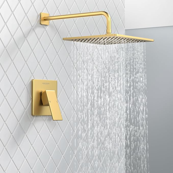 Lava Odoro 12-inch Modern Square Shower Faucet Set Brushed Gold, Shower Trim Kit with Rough-in Valve High Pressure Gold Rainfall Shower Head and Handle Set, (Valve Included), SF106-SG