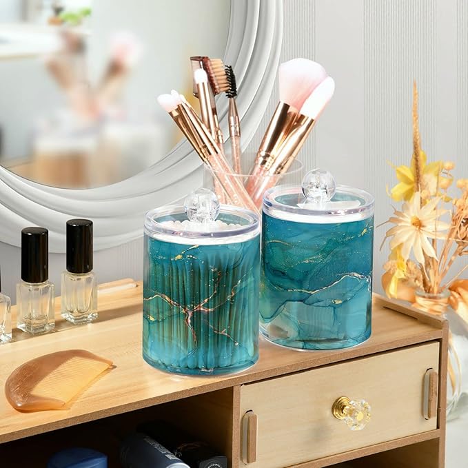 MNSRUU 2 Pack Qtip Holder Organizer Dispenser Blue Marble Abstract Fluid Art Bathroom Storage Canister Cotton Ball Holder Bathroom Containers for Cotton Swabs/Pads/Floss