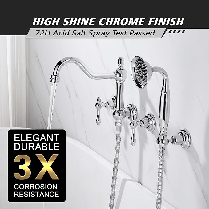 SUMERAIN Vintage Wall Mounted Bathtub Faucet with Hand Shower, High Flow Tub Filler Chrome Finish, Rough-in Valve Included