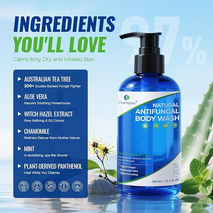 Natural Antifungal Body Wash: Tea Tree & Aloe Vera Formula for Itchy Sweaty Skin – Fights Athlete’s Foot Jock Itch Ringworm – Sensitive Skin Safe (16.3 FL OZ)