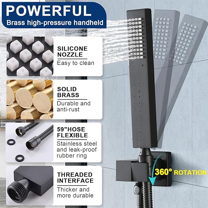 Dual Rain Shower Head Thermostatic Luxury Spa Shower System And Ceiling Mount 14x20 Inch LED 4 Functions with 6 Inch Wall Head Shower Faucet Set,Matte Black