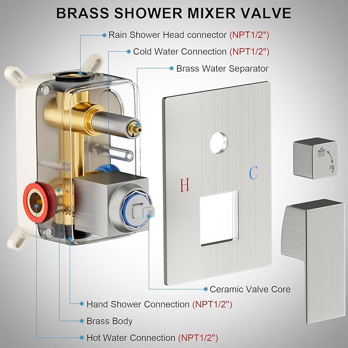 Shower Faucet Set Bathroom Square Rain Shower Head and Handle Set, Wall Mounted Shower Fixtures With Shower Valve and Trim Kit 12 inch Brushed Nickel