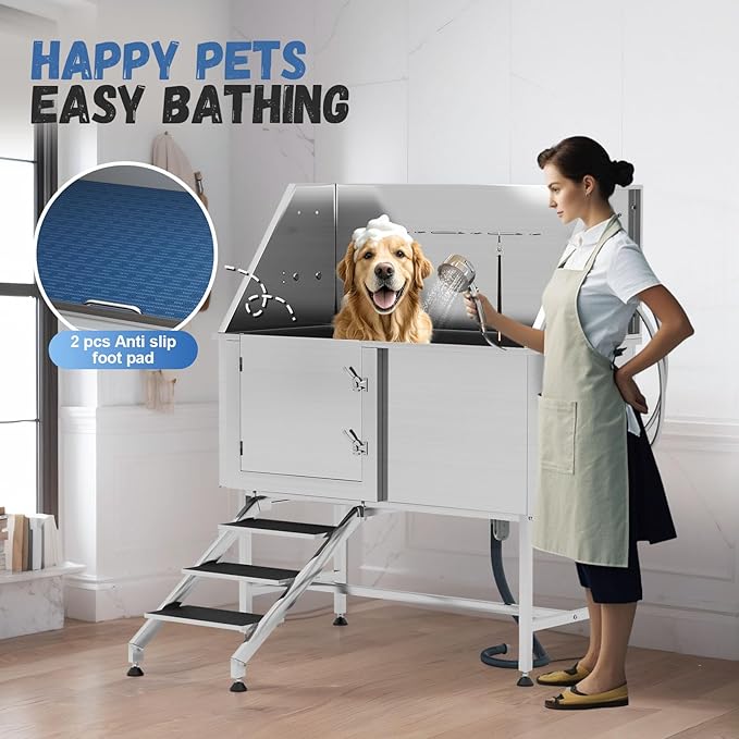 Albott 50 in Professional Dog Washing Station - 304 Stainless Steel Pet Bathtub with Stairs Features Adjustable 3-Speed Showerhead, Removable Grates, Easy to Clean, L-Size (Left)