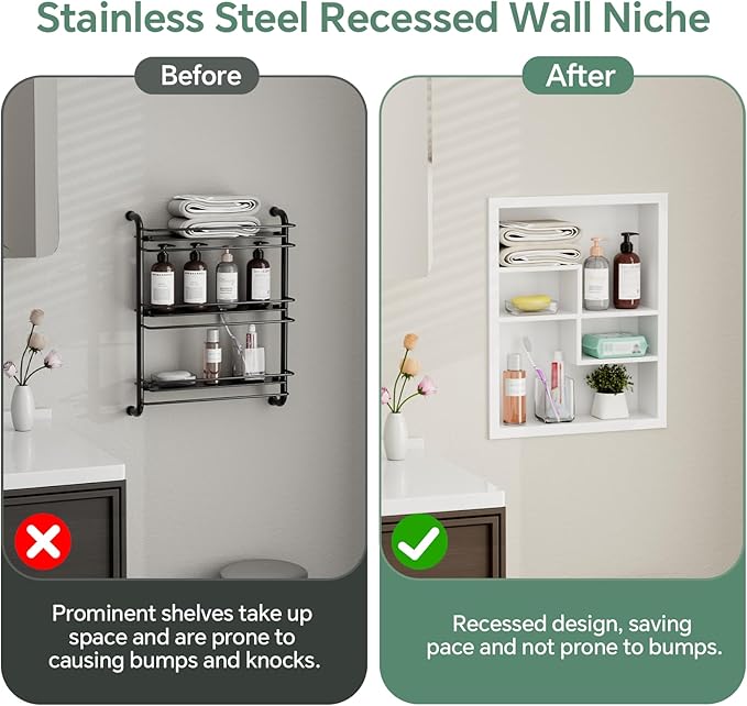 Stainless Steel Recessed Medicine Cabinet 14 * 18, Rust-proof Metal Wall Niche, In Wall Shower Niche Shelf Insert Replacement, Recessed Medicine Cabinets for Drywall, with 4 Compartments, White